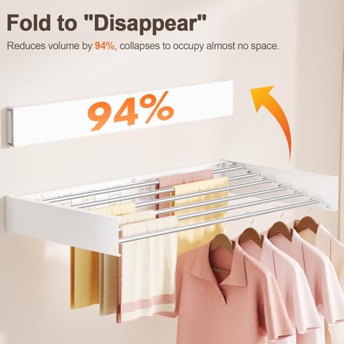 Wall Mounted Clothes Drying Rack Folding Indoor, Foldable Laundry Drying Rack Collapsible,Invisible, Space Saving, Retractable Towel Drying Rack, with Wall Template(6 Drying Rods, White 40") - Image 4