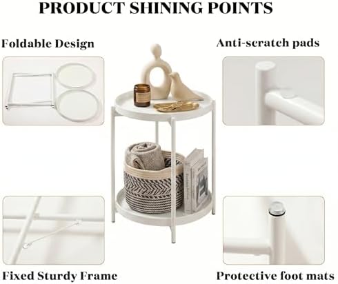 TeoKJ 2 Tier Round Side Table, Folding Round Metal End Table Small Nightstand with Two Removable Tray for Bedroom Living Room Bedside Small Spaces White - Image 5