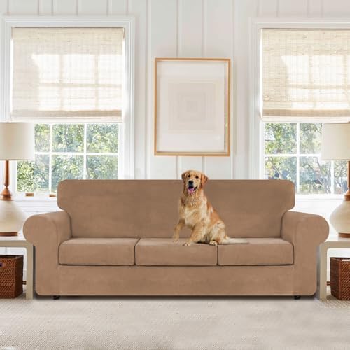 WEERRW 4 Pieces Couch Cover for Sofa Velvet Sofa Covers Washable, Camel - Image 2