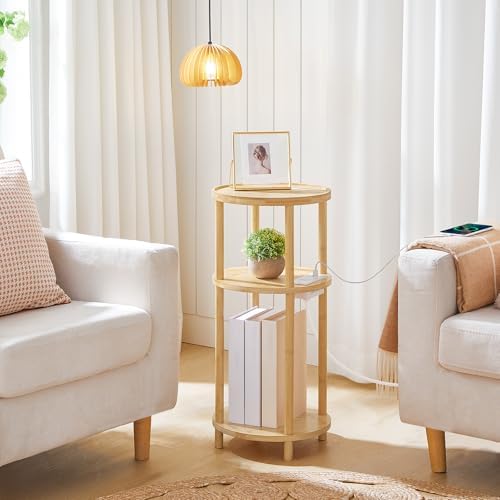 HOOBRO Small Round Side Table with Charging Station, 3-Tier Round Bamboo End Table, Compact Sofa Bedside Table for Small Space, Easy Assembly, for Living Room, Bedroom, Apartment, Natural YL152UBZ01 - Image 2