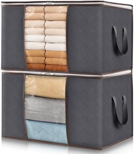 Lifewit 2 Pack 60L Clothes Storage Bins with Lids, Foldable Blanket Storage Bags with Zippers, Clear Window and Reinforced Handles, Closet and Organization for Clothing, Sweater, Comforter, Bedding by Lifewit