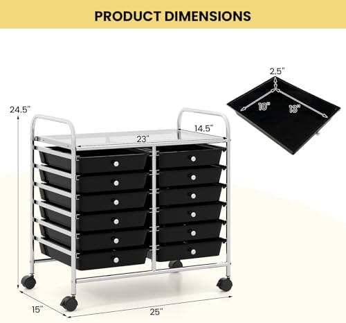 Giantex 12 Drawers Rolling Cart, Mobile Storage Drawer Cart, Classroom Organizer Cart for Office School Supplies Tools Scrapbook Paper Craft Small Printer, Utility Cart on Wheels, Black - Image 3