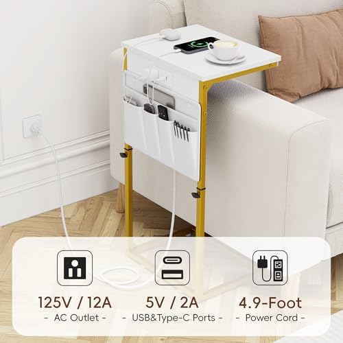 Vagusicc C-Shaped End Table with Charging Station, Small Side Table for Couch, 33" Tall C Table Adjustable Height Side Table, Couch Tables that Slide Under, Sofa Table TV Tray for Living Room, Golden - Image 7