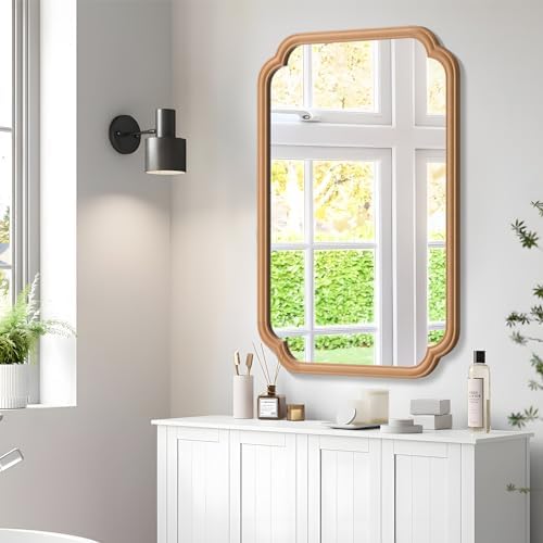 Ferytange Wood Bathroom Mirror for Wall Mounted, 24" x 36" Rustic Bathroom Mirror for Over Sink with Wood Frame Farmhouse Rounded Corner Rectangle Mirror Decorative(Natural Color) - Image 3