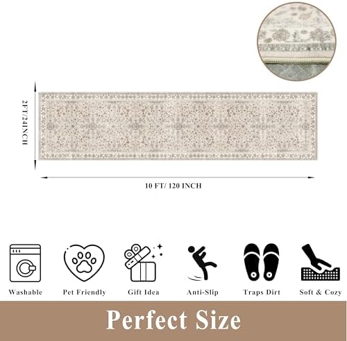 2x10 ft Hallway Runner Rug Washable – Boho Floral Non Slip Long Carpet Runner for Kitchen Entryway Bedroom Living Room, Soft Low-Pile Thin Floor Area Rug (Beige, 2x10) - Image 2