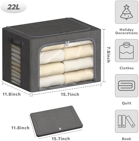 4 Pack Clothes Storage Bins with Metal Frame - 22L Stackable Storage Box with Lid，Foldable Storage Container Organizer for Clothes，Linen Fabric Storage Box with Clear Window＆Zippers＆Handles - Image 4