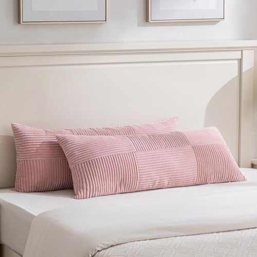 Fancy Homi Set of 2 Blush Pink Boho Long Lumbar Body Decorative Throw Pillow Cover 14x36 Inch for Bed Couch Bedroom Bench, Soft Patchwork Corduroy Textured Pillow Case, Rustic Farmhouse Room Décor by Fancy+Homi