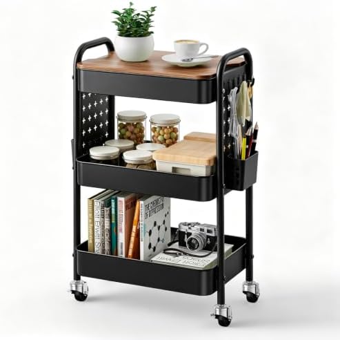 3 Tier Rolling Cart with DIY Pegboard, Metal Utility Cart with Table top by Aratan