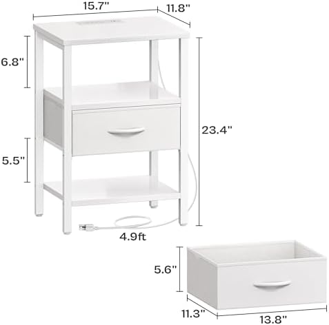 SUPERJARE Nightstand with Charging Station, Bed Side Table with Adjustable Fabric Drawer, Night Stand for Bedroom, 3-Tier Storage End Table, for Living Room, White - Image 3