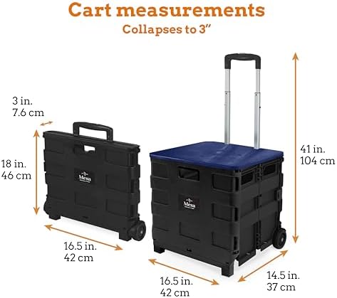 Inspired Living Collapsible Ultra-Slim Pack-N-Roll,2 Wheel Utility Cart w/Lid Used as Seat up to 250 Lbs, Telescopic Handle - Super Strong, for Home, Garden, Shopping, Office, School use, Large, Blue - Image 2