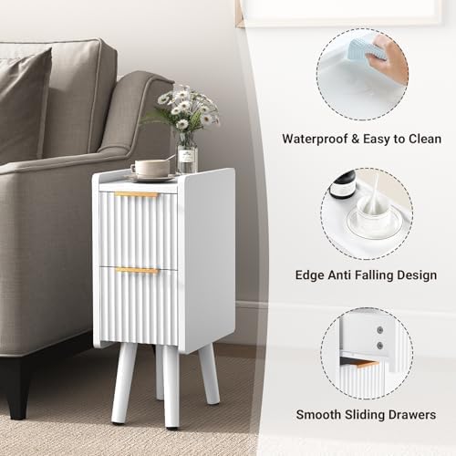 ELYKEN 7.9" Fluted Narrow Nightstand, 20.6" H Skinny Side Table, White - Image 4