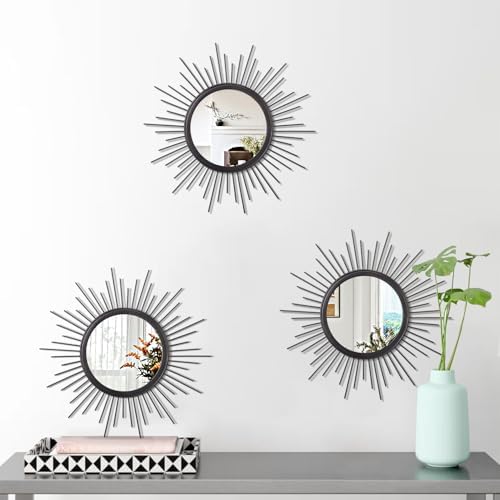 3 Pack Black Metal Wall Mirrors Sunburst Wall Mirrors Home Décor Art Decorative Modern Bohemian Hanging Wall Art for Bedroom Bathroom Living Room Entryway Small 12'' - Image 2
