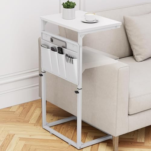 Vagusicc C Shaped End Table, 33" Tall Side Table for Couch, Adjustable Height Small Couch Side Table for Small Spaces, C Table End Table Slide Under Sofa Table TV Tray for Living Room Bedroom, White by Vagusicc
