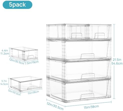 Vtopmart Clear Stackable Storage Drawers, 5 Pack Wide Storage Set - Image 3