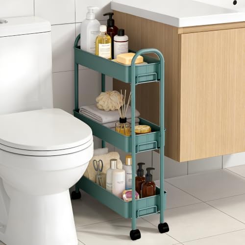 Slim Rolling Cart, Metal Frame Utility Rolling 3-Tier Narrow Storage Cart - Image 4