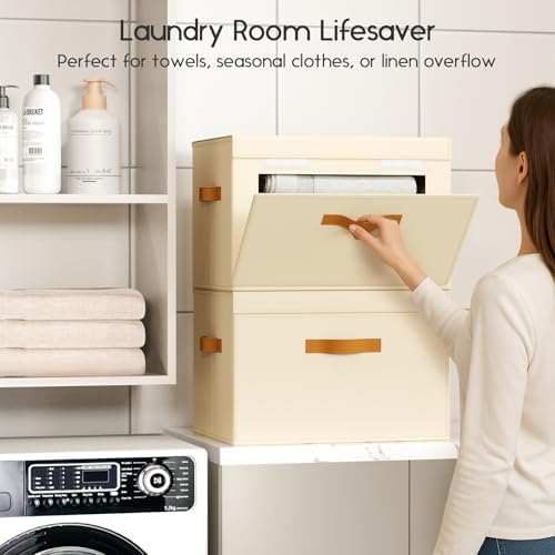 Homsorout Large Storage Bins with Lids - Front Opening Fabric Storage Bins, Flap Closet Organizer with Handles, Collapsible Boxes with Lid, Decorative Basket for Home, Dorm, 6 Pack, Beige - Image 4
