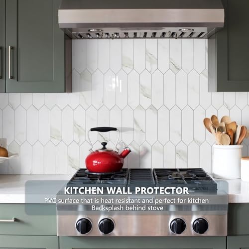 Vamos Tile Glossy White Marble Backsplash Tile Peel and Stick, 12.8 x 12.8 Inch 10 Sheets Long Hexagon PVC Self Adhesive Mosaic Wall Tiles Stick on Backsplash for Kitchen and Bathroom - Image 2
