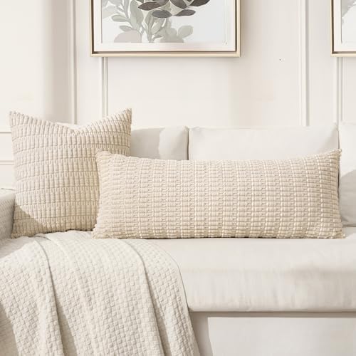 MIULEE Lumbar Corduroy Throw Pillow Cover for Bed 14x36 Cream White - Image 3