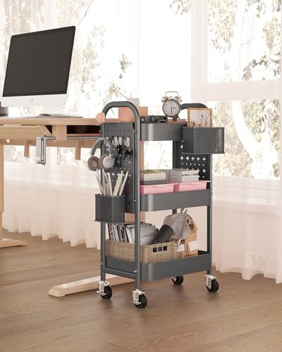 ALVOROG 3 Tier Metal Rolling Utility Cart with Pegboards,Baskets,Hooks,Gray - Image 5