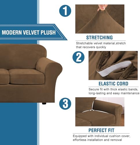H.VERSAILTEX Modern Velvet Plush 4 Piece High Stretch Sofa Slipcover Sofa Cover Furniture Protector Form Fit Thick Velvet Sofa Cover for 3 Cushion Couch Width Up to 90 Inch (Sofa, Bronze Brown) - Image 3