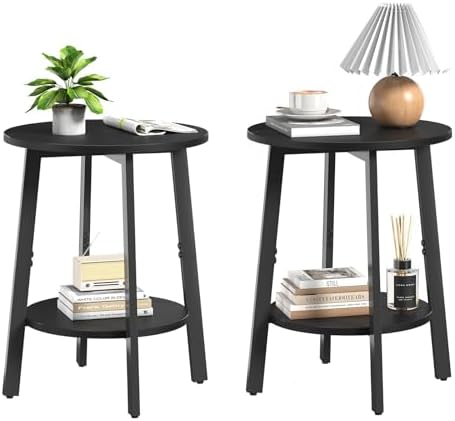 sthmec Side Table Set of 2, Small Round End Table with Storage Shelf for Small Space, 2-Tier Black Bedside Table Sofa Couch Table, Nighstands Set of 2 Accent Table for Living Room, Bedroom, Black by Unknown