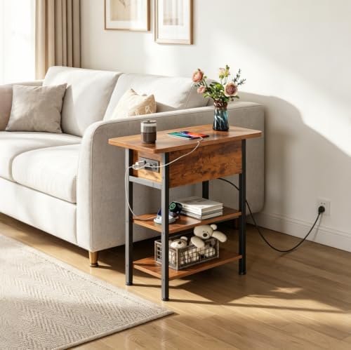 WLIVE 3-Tier End Table with Charging Station Flip Top Narrow Nightstand - Image 2
