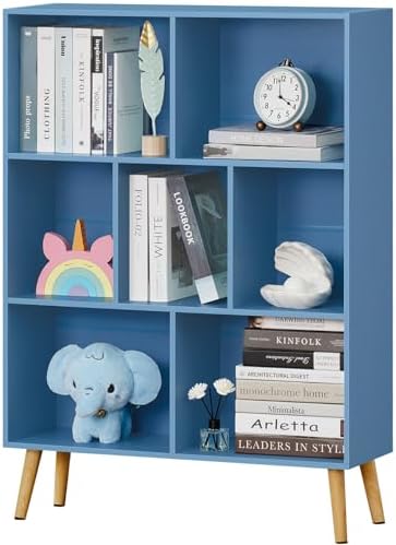 YAHARBO 7 Cube Bookshelf, Blue Kids Book Shelf with Cubby Storage,Wooden Modern Bookcase with Legs,3 Tier Freestanding Display Book Case,Children Toy Organizer,Bookshelves for Office,Nursery,Playroom by YAHARBO