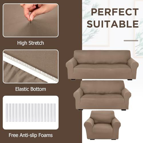 Peryiter 3 Pcs Couch and Loveseat Sofa Covers,Camel,Milk Silk - Image 4