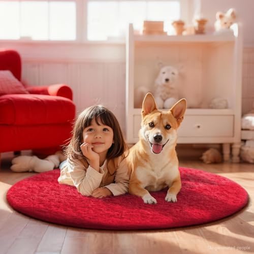 Ophanie Round Rug 4Ft Red Circle Area Rug, Christmas Room Decor, Aesthetic Nursery Bedroom Carpet, Fluffy Fuzzy Plush Soft Shaggy Living Room Rugs for Kids Boys Girls Home with 99 pcs Pile fibers - Image 3