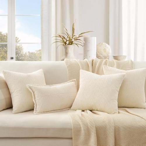 Topfinel Decorative Beige Cream Throw Pillow Covers Cushion Cases, Set of 4 Soft Velvet Modern Double-Sided Designs, Mix and Match for Home Decor, Pillow Inserts Not Included (18x18 inch) - Image 2