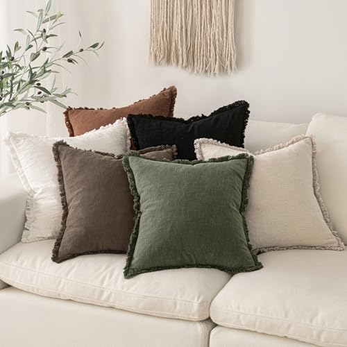 MIULEE Linen Fringe Decorative Fall Pillow Covers Chocolate Brown 18x18 - Image 5