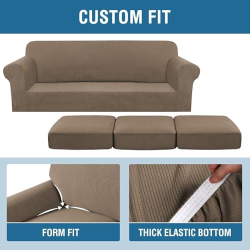 H.VERSAILTEX 4 Piece Stretch Sofa Covers for 3 Cushion Couch Furniture Slipcovers for Living Room (1 Base Cover Plus 3 Seat Cushion Covers) Jacquard Fabric Cover (XL Sofa, Macchiato) - Image 4