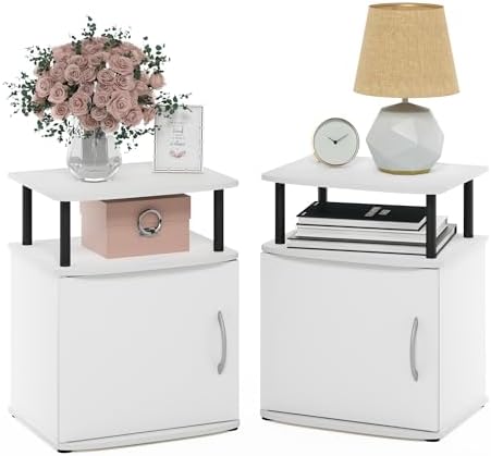 Furinno Jaya Side Table Set of 2, 2-Tier Open Shelf End Table with Door Cabinet, Soft-Edges Night Stand, Bedside Table, for Living Room, Bedroom, White - Image 5