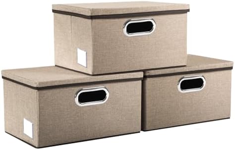 PRANDOM Storage Bins with Lids [3-Pack] Jute Fabric Foldable Storage Boxes Organizer Containers Baskets Cube with Cover for Home Bedroom Closet Office Nursery khaki（11.4X8.6X6.7 by Prandom