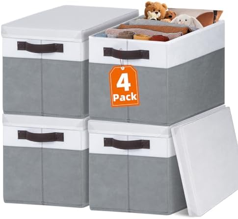 Extra Large Storage Baskets with Lids 4 Pack, 33 QT Throw Blanket Basket for Living Room - Stackable Decorative Closet Shelf Organizers and Storage Box for Organizing Clothes Towels Book - 16x12 in by Criusia