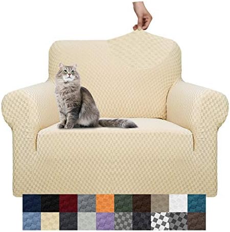 YEMYHOM Couch Cover Latest Jacquard Design High Stretch Sofa Chair Covers for Living Room, Pet Dog Cat Proof Armchair Slipcover Non Slip Magic Elastic Furniture Protector (Small, Beige) by YEMYHOM
