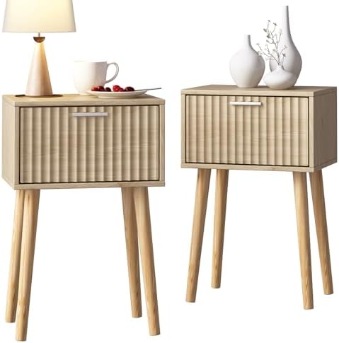 LAATOOREE Nightstands Set of 2, Small Bed Side Table with Fluted Door by LAATOOREE