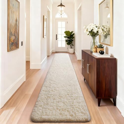 Ophanie 2x10 Runner Rug for Hallway, Upgrade Non-Slip Fluffy Soft Bedside Rugs, Bedroom Living Room Ivory Shaggy Carpet for Kids Dorm Home Decor with Over 99 pcs Pile fibers - Image 6