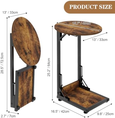 C Shaped Side Table, Folding End Table with Metal Frame, Foldable Table for Eating, Couch Sofa Table,Slide Under TV Tray Table for Living Room, Bedroom, Small Spaces (Brown) - Image 3