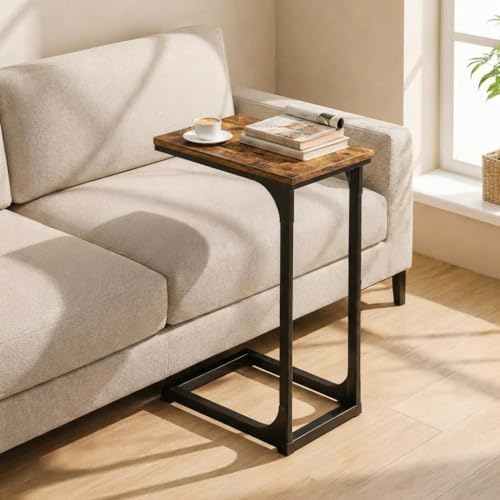 TEMI C Shaped End Table for Couch - Small Side Table and TV Tray for Eating or Laptop, Accent Desk for Chair or Sofa, Easy Assembly, Space-Saving Design for Living Room or Bedroom,Rustic Brown by TEMI