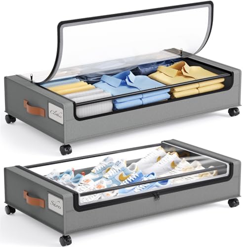 Yecaye Under Bed Storage with Wheels, 2 Pack Under Bed Storage Containers, Large Under Bed Rolling Storage with Clear Window & Label, Bedroom Storage Organizer for Clothes, Shoes, Books, Blankets by Yecaye