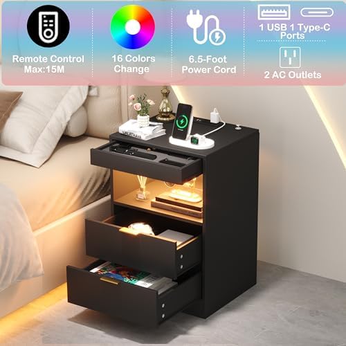 Yusong Night Stand with Gun Drawer & Invisible Lock, Bedside Table, LED Nightstand with Charging Station, Modern Night Stand, Wood Sofa Couch End Side Table with 2 Pull-Out Shelf (Black 002) - Image 4