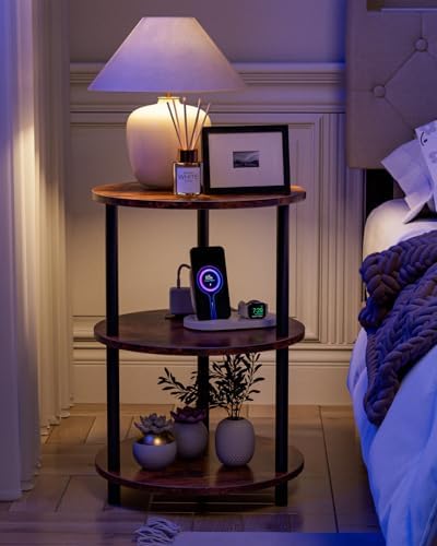 XBurmo Small Round End Table - 3 Tier Design Accent Table, Narrow Side or Bedside Stand, Industrial Vintage Table for Small Spaces, Built-in USB Ports and Power Outlet, Rustic Brown - Image 5
