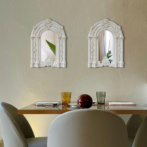 2 Set Wood Carved Window Mirrors 3D Relief Arched Wall Decor Roman Column Antique Home Accent Small Decorative Mirrors for Living Room, Bathroom, Entryway - Image 2
