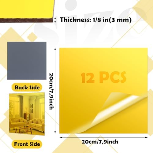 12 PCS 8x8 Inch Gold Acrylic Sheet 1/8 Thick Mirror Acrylic Sheet Gold Plastic Mirror Sheet 1/8 Mirror Squares for Wall for Crafts DIY, Home Decor - Image 2