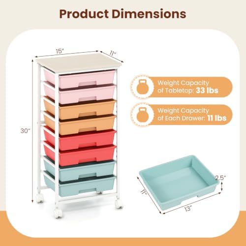 Giantex 8 Drawers Rolling Cart with Wheels, Wood Top, Sturdy Frame - Image 3