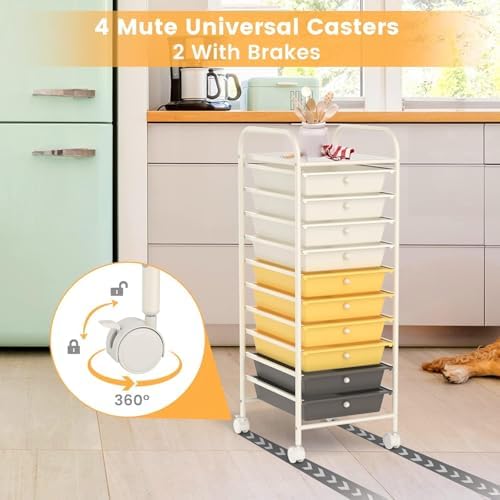 10-Drawer Rolling Storage Cart, Trolley w/Lockable 360° Wheels, 10 Removable PP Drawers, Sturdy Metal Frame, Rolling Utility Cart Perfect for Home, Office, Classroom (Yellow) - Image 5
