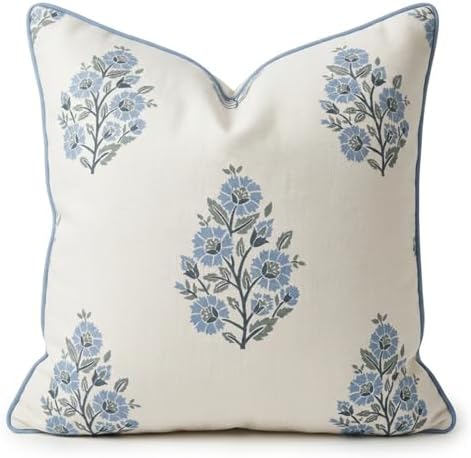 Jillien Harbor “The Camille” Floral Block Print Pillow Cover – Soft Blue and White Decorative Throw Pillow Cover – Grandmillennial Home Decor, 20" x 20" by JillienHarbor
