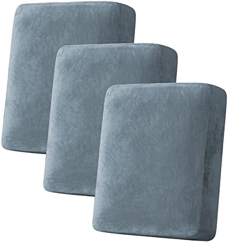 H.VERSAILTEX Velvet Stretch Couch Cushion Cover Plush Cushion Slipcover for Sofa Cushion Furniture Protector Seat Cushion Sofa Cover (3 Piece Sofa Cushion Covers, Stone Blue) by HVERSAILTEX