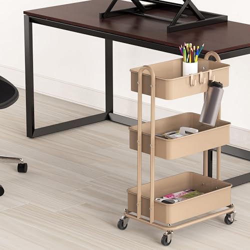 Simple Houseware 3-Tier Heavy Duty Metal Utility Rolling Cart, Khaki - Image 3